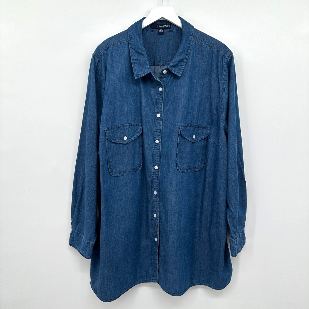 Denim 24 7 Tunic Top Shirt Button Up Size 28 W Long Sleeve Quiet Luxury Neutral